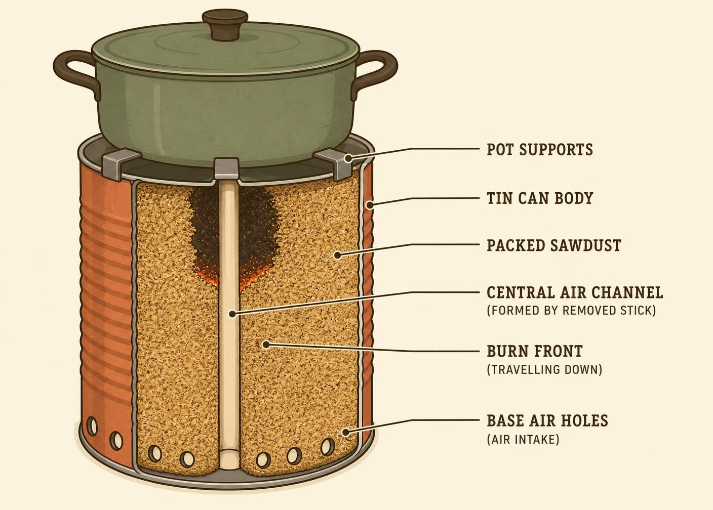 Labelled cutaway diagram of a sawdust tin stove showing packed sawdust, central air channel, base air holes and pot supports