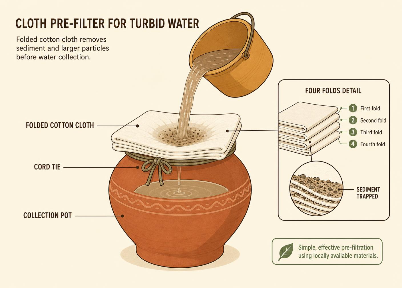 Labelled diagram of a four-fold cotton cloth pre-filter tied over a clay collection pot, with a detail of trapped sediment