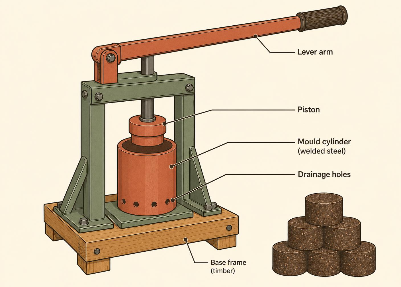 Labelled diagram of a manual lever-arm briquette press: lever, piston, drilled mould cylinder and timber base, with finished briquettes