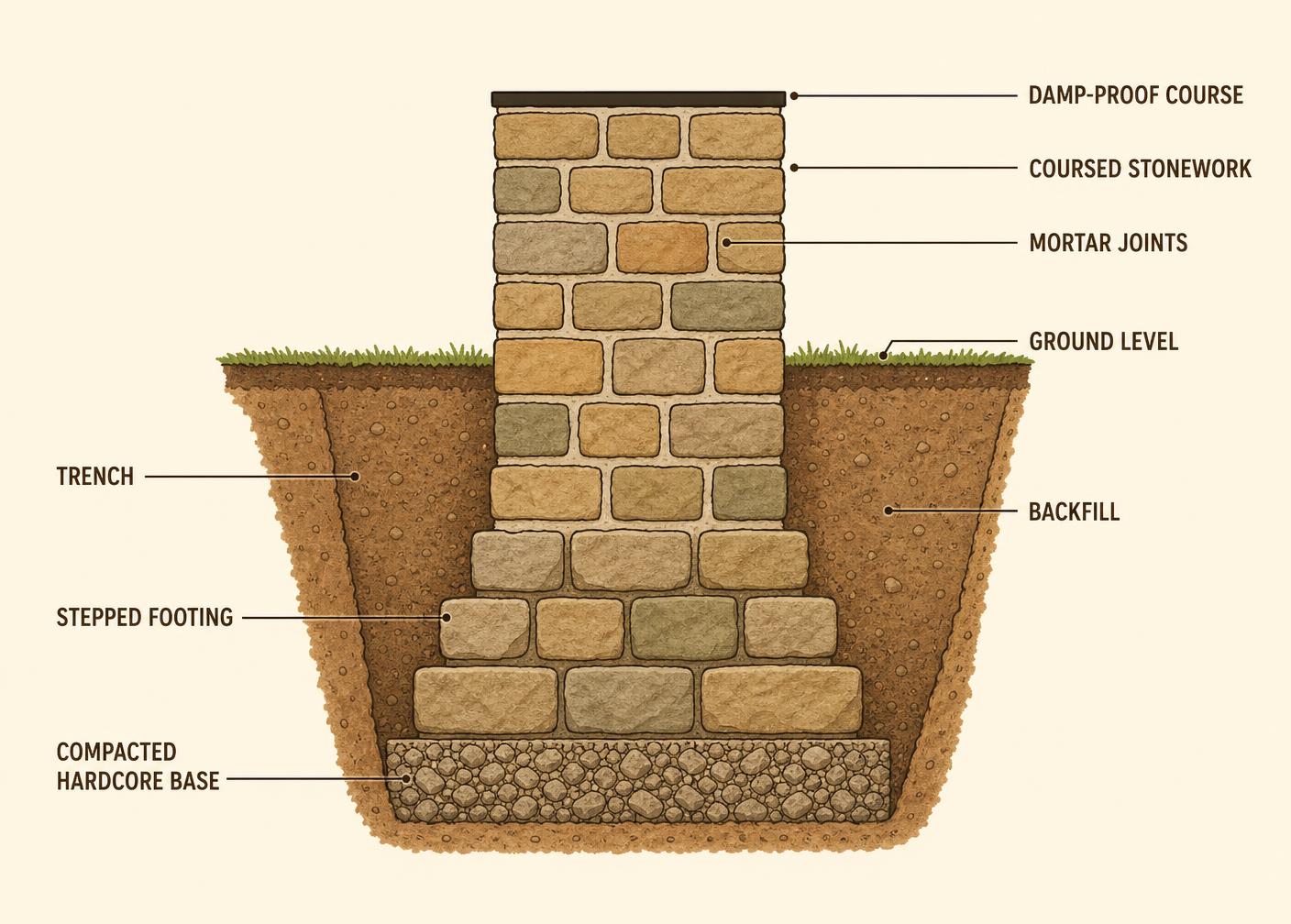 Labelled cutaway diagram of a stone masonry plinth: hardcore base, stepped footing, coursed stonework, damp-proof course and backfill