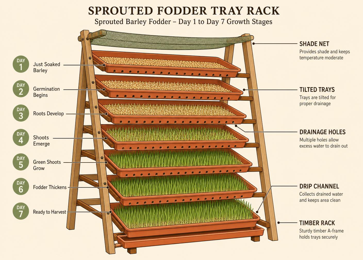 Labelled diagram of a timber fodder tray rack showing day-one to day-seven sprouted barley, drainage holes and drip channel