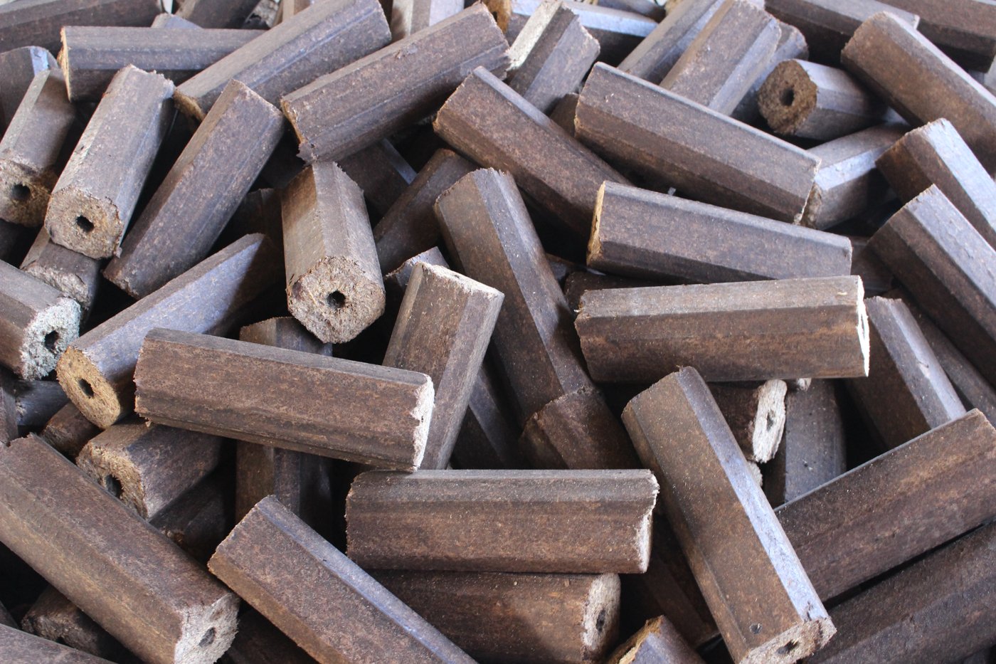 Extruded biomass briquettes with hollow centres, made from bush biomass in Namibia
