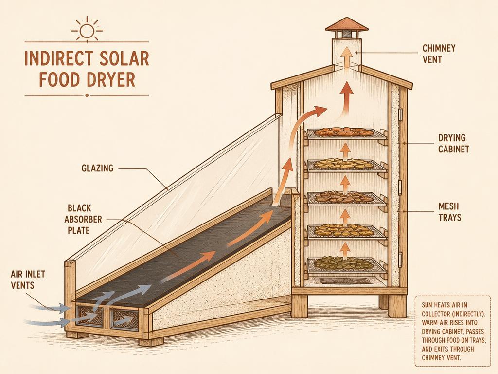 Cutaway of an indirect solar dryer showing the glazed collector, black absorber, rising hot air and chimney vent