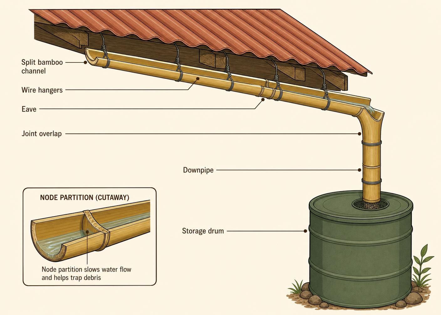 Labelled diagram of a split-bamboo gutter on a corrugated roof eave feeding a bamboo downpipe and storage drum