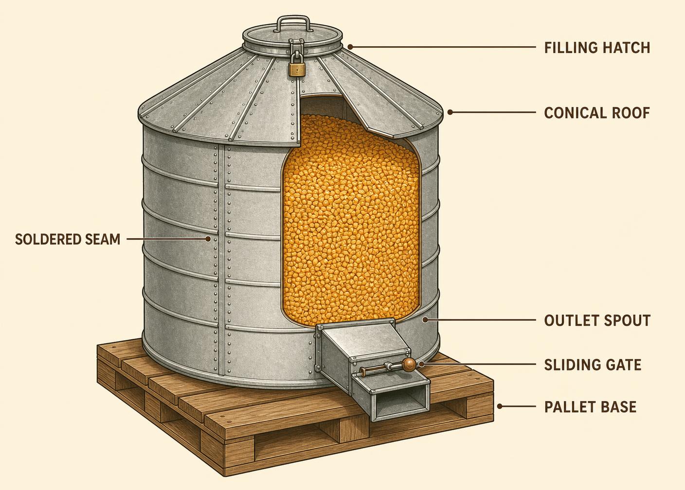 Labelled cutaway diagram of a galvanised metal grain silo with filling hatch, seams, outlet spout and pallet base
