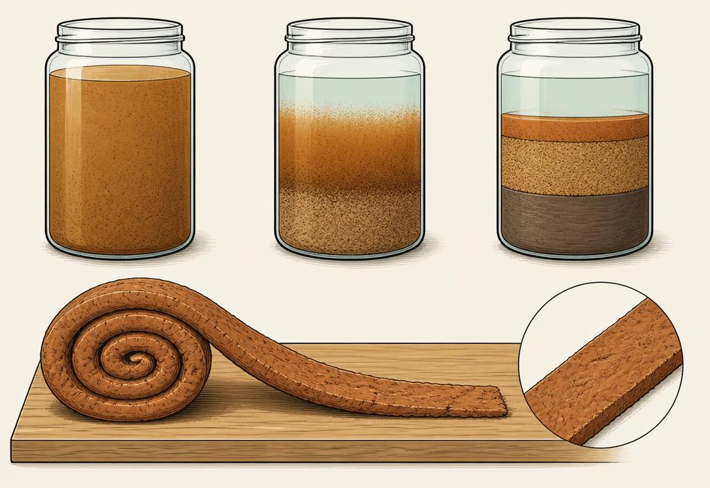 Three jars showing sand, silt and clay separating out of a soil sample, next to a rolled soil ribbon