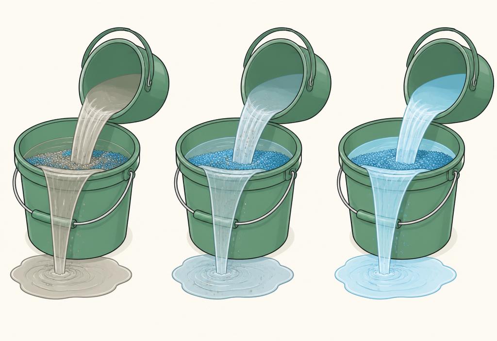 Three buckets in sequence showing filter sand rinsed from cloudy to clear