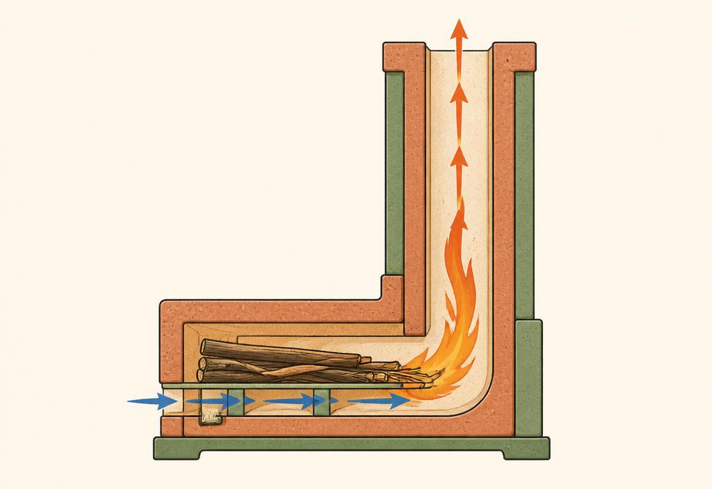 Cutaway of the J-shaped combustion path with airflow under the fuel and flame rising up the internal chimney