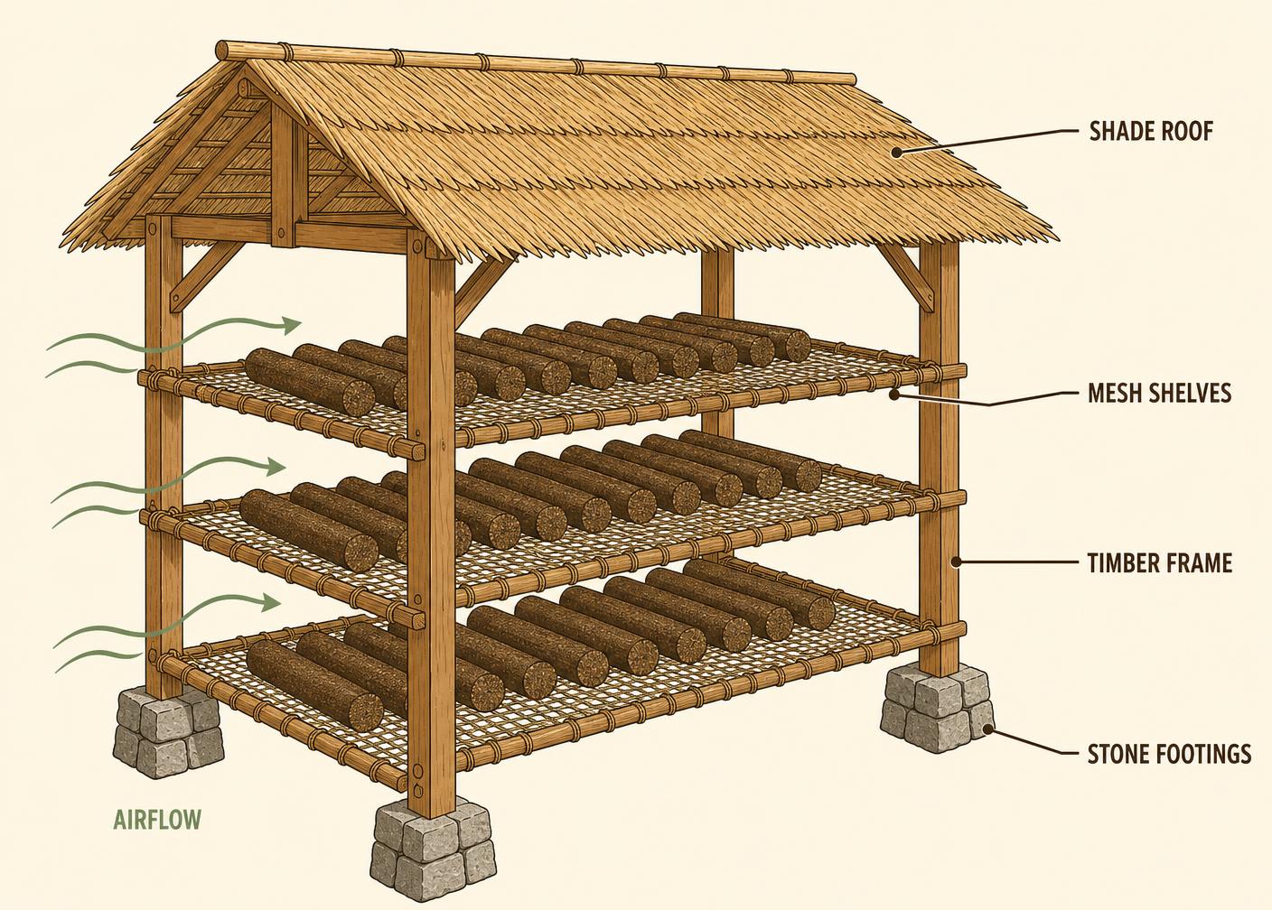 Labelled diagram of a shaded three-tier biomass drying rack on stone footings with airflow marked