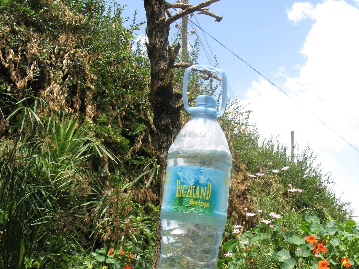 A tippy tap made from a hanging bottle on a timber frame, tipped by a foot cord