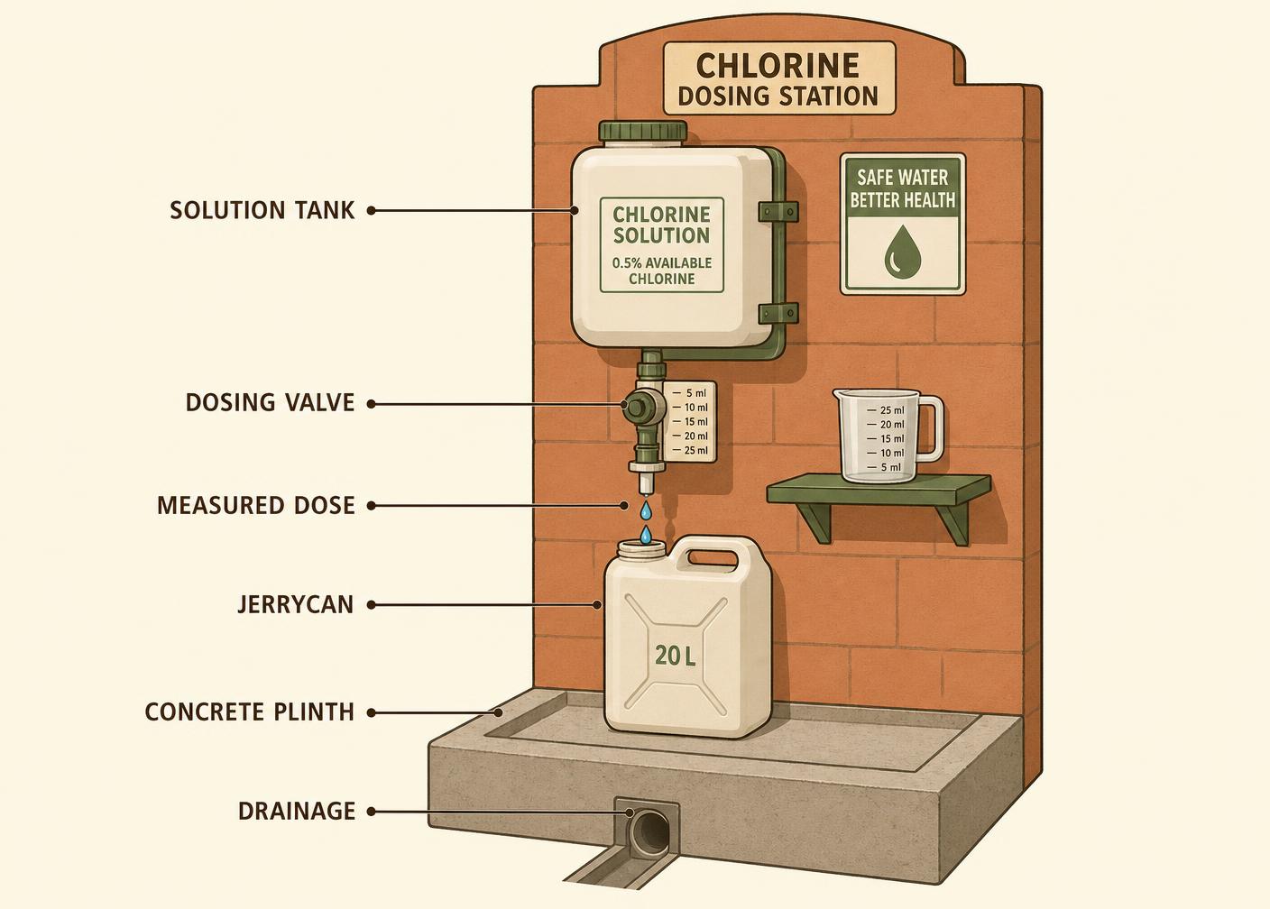 Labelled diagram of a wall-mounted chlorine dosing station with solution tank, calibrated dosing valve and jerrycan plinth