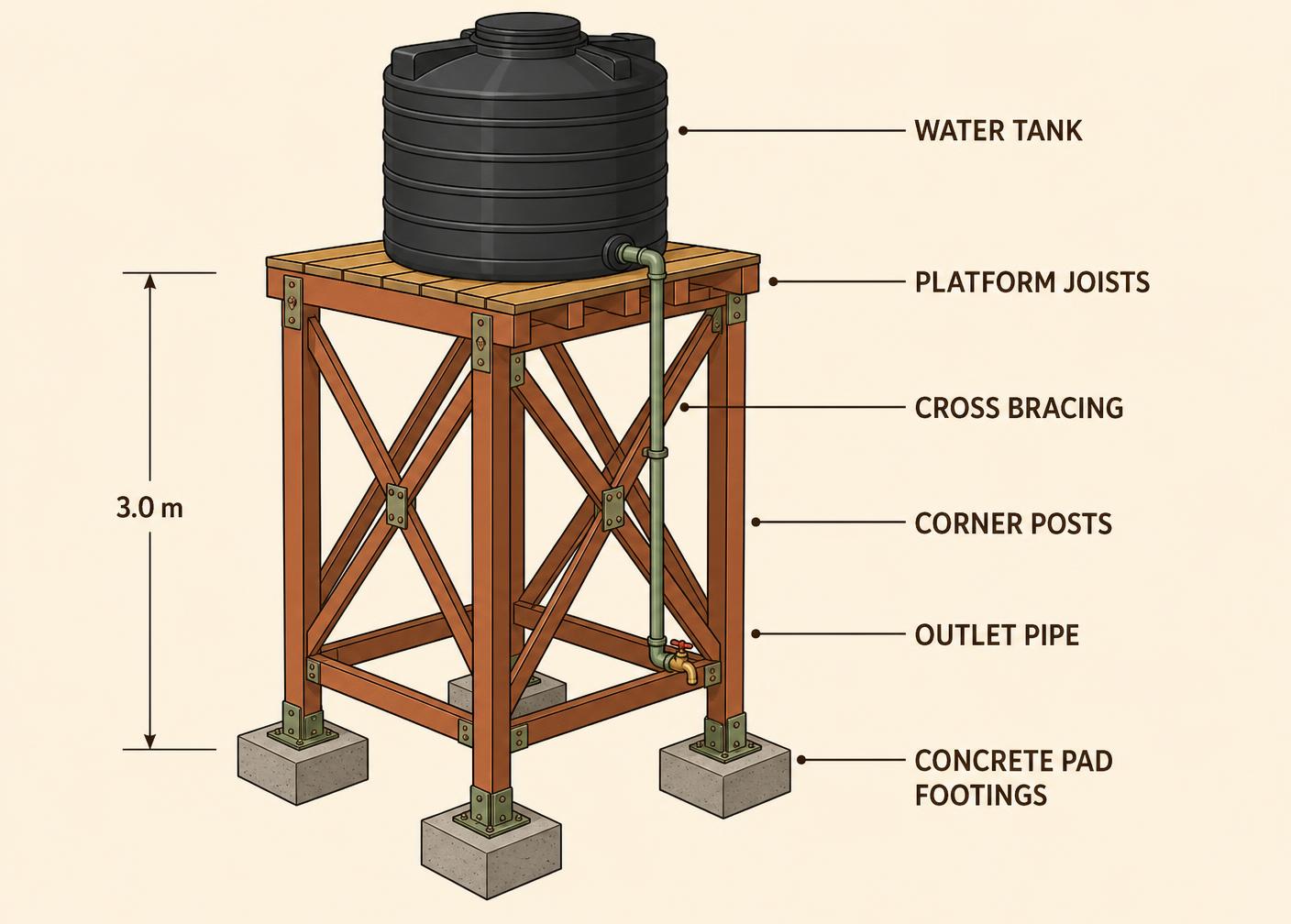 Labelled diagram of a braced three-metre water tank stand on concrete pad footings with platform joists and outlet pipe