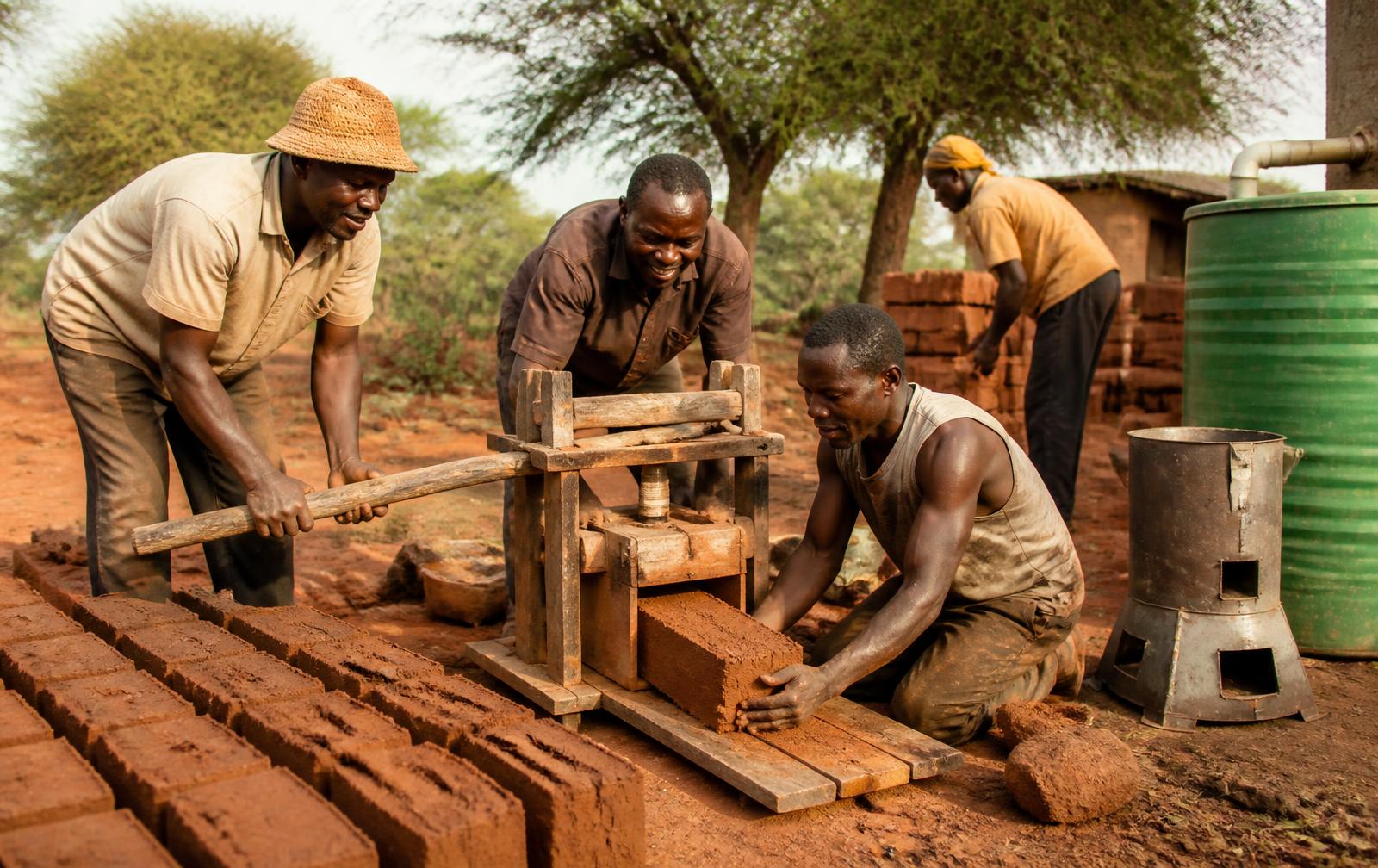 Builders pressing compressed earth blocks with a hand-built timber lever press in a village workshop yard